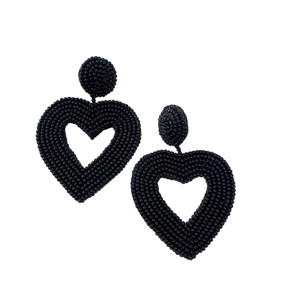 Black Beaded Heart Seed Earrings Open Hollow Dangle Drop Statement Valentines
